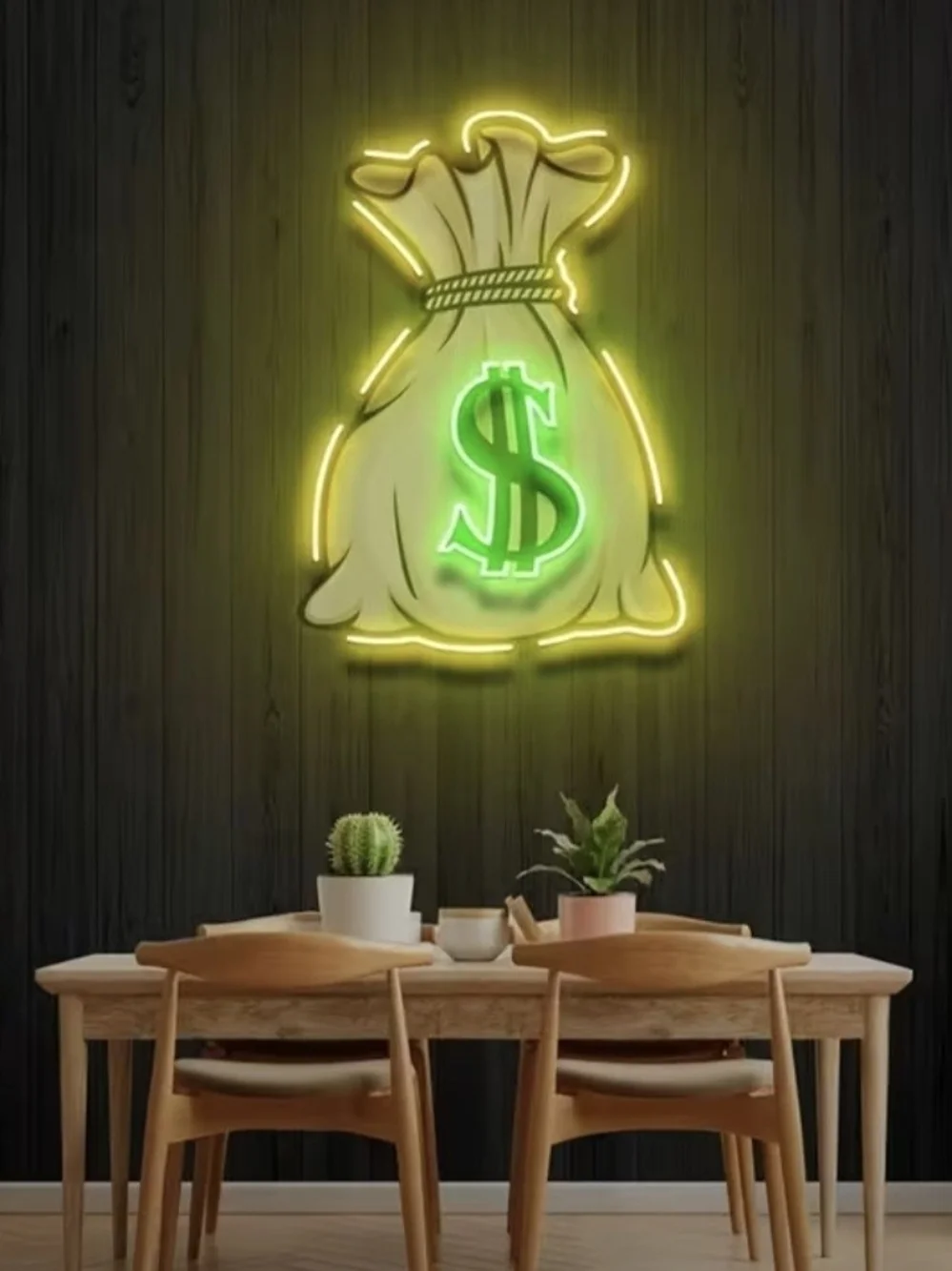 Money Bag Dollar Sign Neon Wall Light Lamp, Yellow Green Black